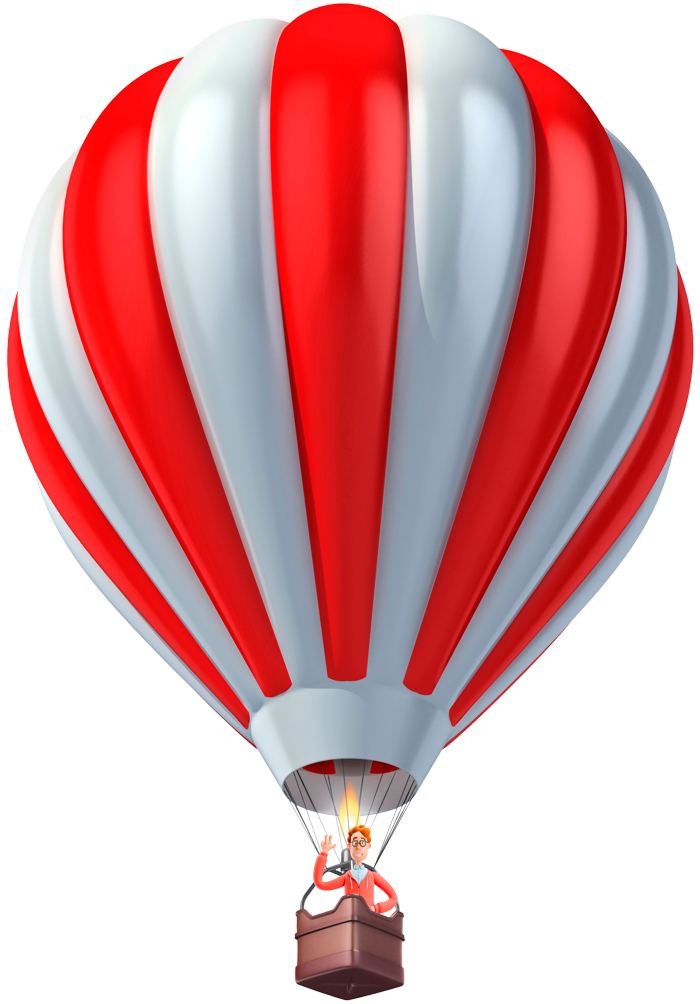 A 3D illustration of a person taking off in a hot air balloon
